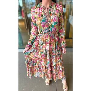 Tolani Collection Sherah Maxi Dress Tropical Long Sleeves Button Smocked Size XS